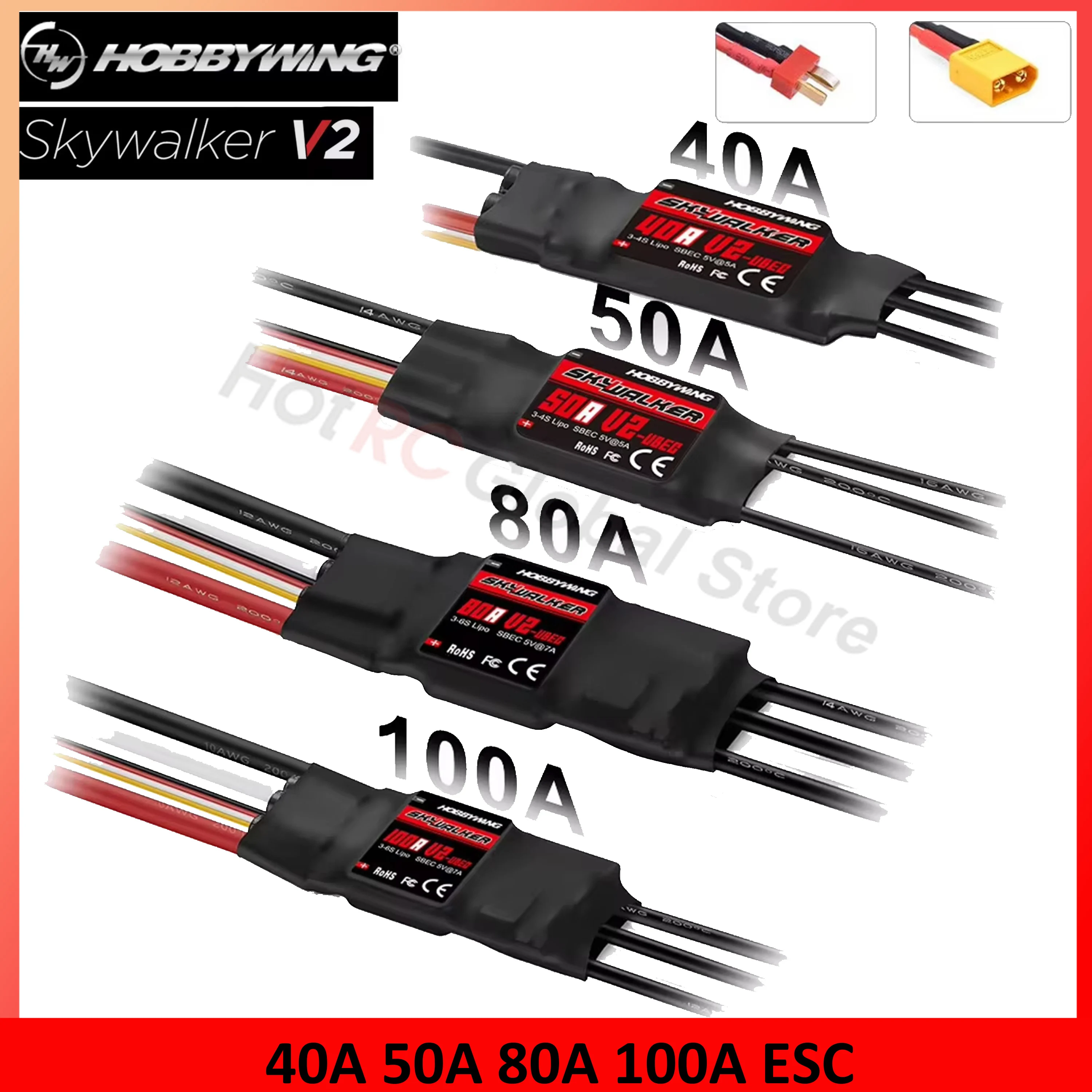 Drone Rc Leading - Hobbywing-Skywalker escスピードコントローラー,rc fpvドローン,クワッドコプター飛行機,v2シリーズ,40a,50a,80a,100a,t xt60プラグ